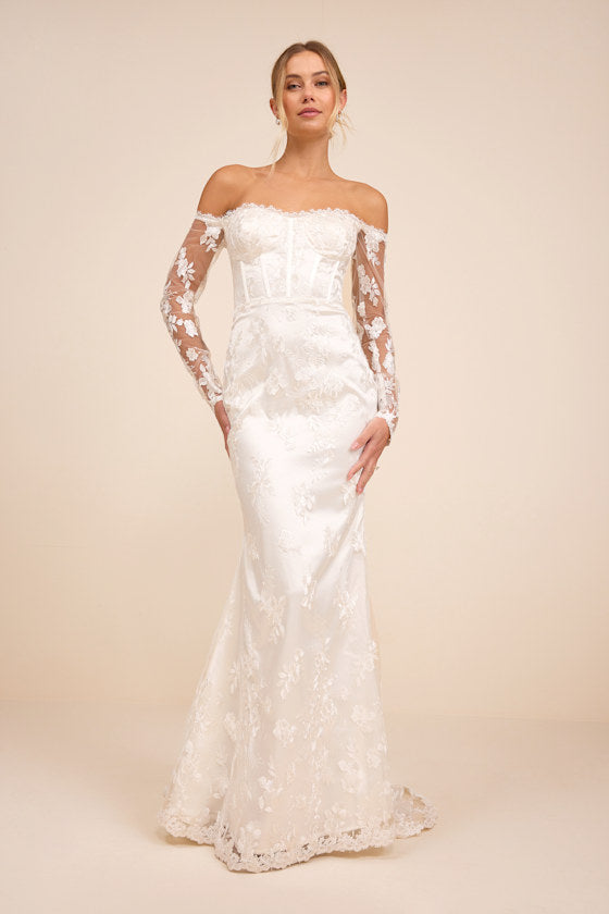 Lucina White Embroidered Bustier Long Sleeve Maxi Dress