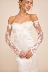 Lucina White Embroidered Bustier Long Sleeve Maxi Dress