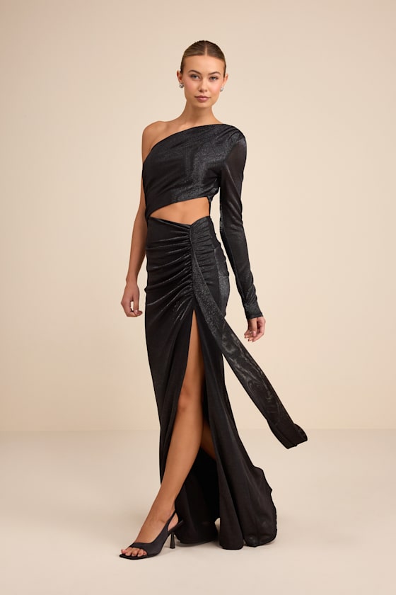 Demaria Black Slinky Knit Cutout One-Shoulder Mermaid Maxi Dress