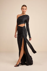 Demaria Black Slinky Knit Cutout One-Shoulder Mermaid Maxi Dress