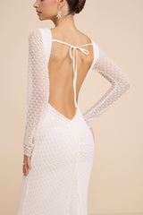 Mariani White Sequin Beaded Backless Long Sleeve Maxi Dress