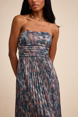 Islya Slate Blue Multi Abstract Pleated Strapless Maxi Dress