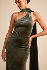 Eleni Dusty Olive Velvet One-Shoulder Sash Maxi Dress
