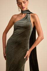 Eleni Dusty Olive Velvet One-Shoulder Sash Maxi Dress