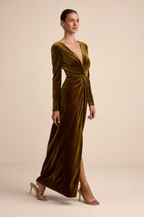Angelina Olive Velvet Twist-Front Maxi Dress