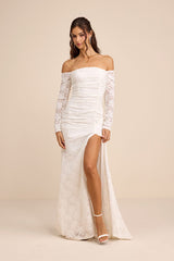 Jolena White Lace Off-the-Shoulder Ruched Maxi Dress