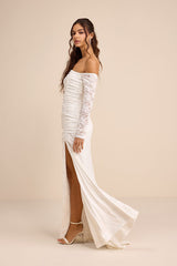 Jolena White Lace Off-the-Shoulder Ruched Maxi Dress