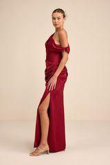 Aviana Dark Red Satin Asymmetrical Maxi Dress