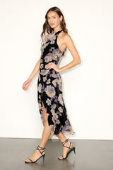 Ambriella Black Velvet Floral Burnout Midi Dress