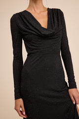 Rhodria Black Rhinestone Cowl Long Sleeve Maxi Dress