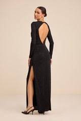 Rhodria Black Rhinestone Cowl Long Sleeve Maxi Dress