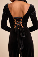 Asalia Black Velvet Lace-Up Long Sleeve Straight-Leg Jumpsuit