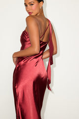 Naima Rust Red Satin One-Shoulder Midi Dress