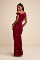 Renisa Dark Red Velvet Chevron Asymmetrical Maxi Dress