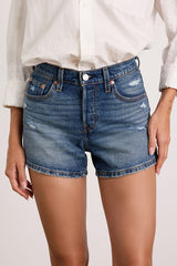 501 Curve Dark Wash Denim Distressed Shorts