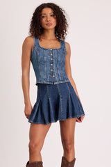 Godet Dark Wash Denim Skater Mini Skirt