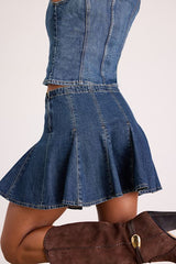 Godet Dark Wash Denim Skater Mini Skirt