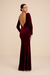 Rabeya Burgundy Velvet Backless Mermaid Maxi Dress