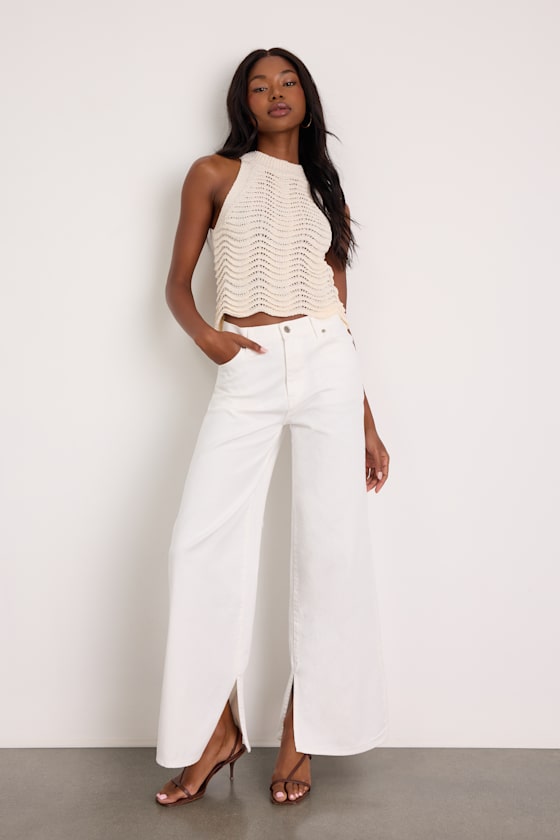 Wanderer White Split Hem Wide-Leg Jeans
