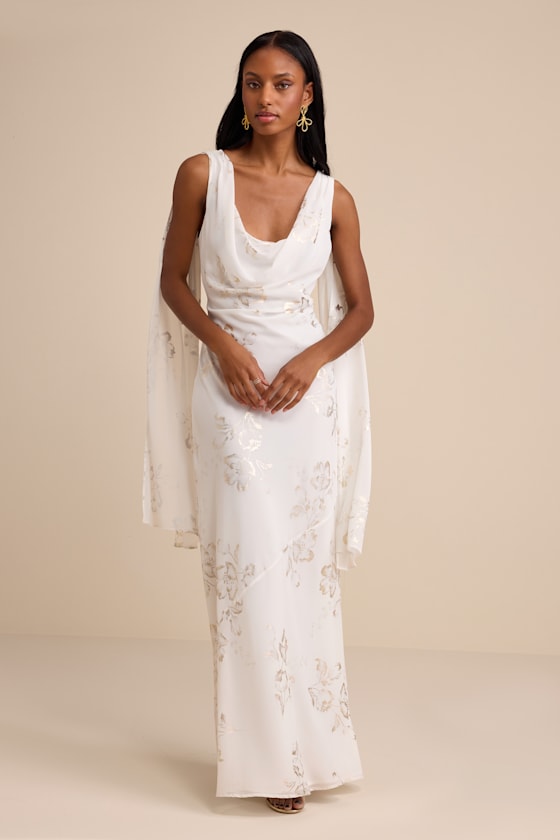 Sidonia White and Gold Floral Cowl Sash Maxi Dress