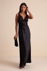 Toulouse Black Satin Lace Maxi Dress