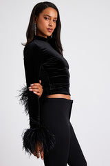 Malva Black Velvet Feather Cuff Long Sleeve Top
