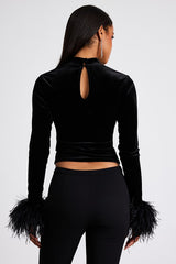 Malva Black Velvet Feather Cuff Long Sleeve Top