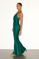 Zaniya Emerald Green Ruched Halter Maxi Dress