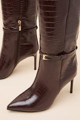 Cadee Brown Croc-Embossed Stiletto Knee-High Buckle Boots