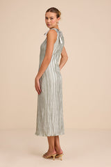 Nuala Sage Green Pleated Sleeveless Bow Midi Dress
