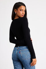 Scalia Black Ribbed Knit Button-Front Long Sleeve Top