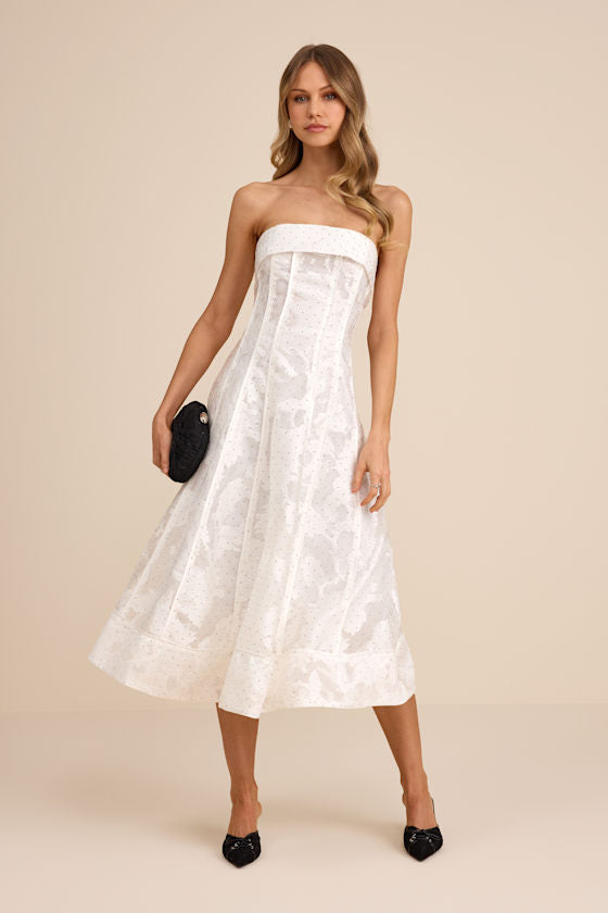 Abilene White Floral Jacquard Rhinestone Strapless Midi Dress