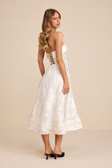 Abilene White Floral Jacquard Rhinestone Strapless Midi Dress