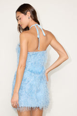 Colmar Light Blue Tinsel Fringe Halter Mini Dress