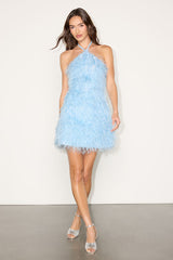 Colmar Light Blue Tinsel Fringe Halter Mini Dress