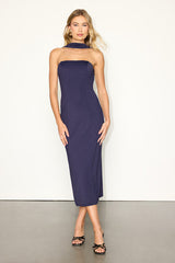 Ariana Navy Blue Jersey Knit Strapless Midi Dress