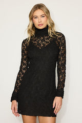 Marcy Black Lace Mock Neck Mini Dress