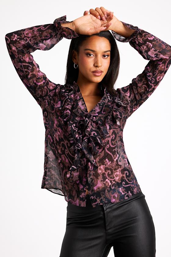 Embry Black Paisley Print Lurex Ruffled Button-Front Top