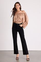 Jordana Tan Satin Off-the-Shoulder Crop Top
