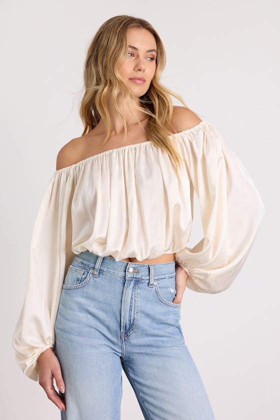 Jordana Ivory Satin Off-the-Shoulder Crop Top