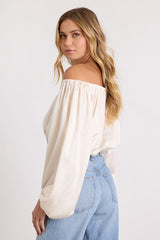Jordana Ivory Satin Off-the-Shoulder Crop Top