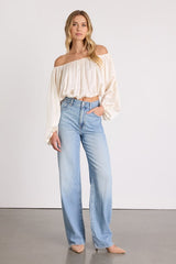 Jordana Ivory Satin Off-the-Shoulder Crop Top