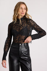 Celita Black Sheer Eyelash Lace Long Sleeve Crop Top