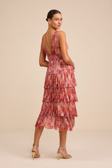 Valentia Magenta Plisse Sleeveless Tiered Midi Dress