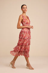Valentia Magenta Plisse Sleeveless Tiered Midi Dress