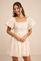 Cathaysa Cream Embroidered Puff Sleeve Bow Mini Dress