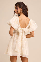 Cathaysa Cream Embroidered Puff Sleeve Bow Mini Dress
