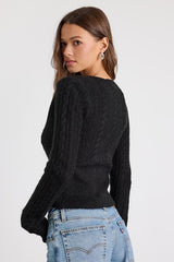 Callisto Black Cable Knit Button-Front Cardigan