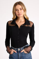 Wynette Black Sheer Embroidered Button-Up Top