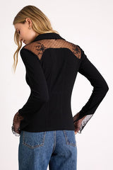 Wynette Black Sheer Embroidered Button-Up Top